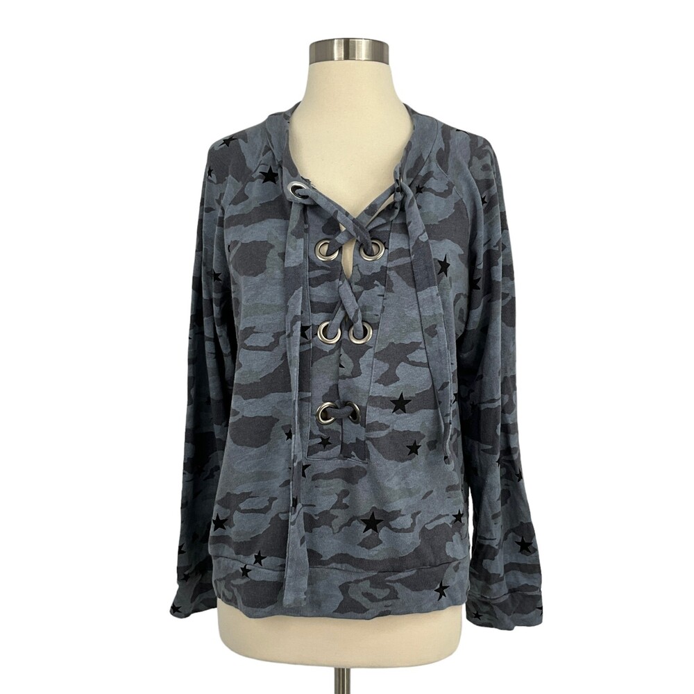 Monrow Camo Sweatshirt Top Lace Up Gray Star Womens Large Long Sleeve Terry